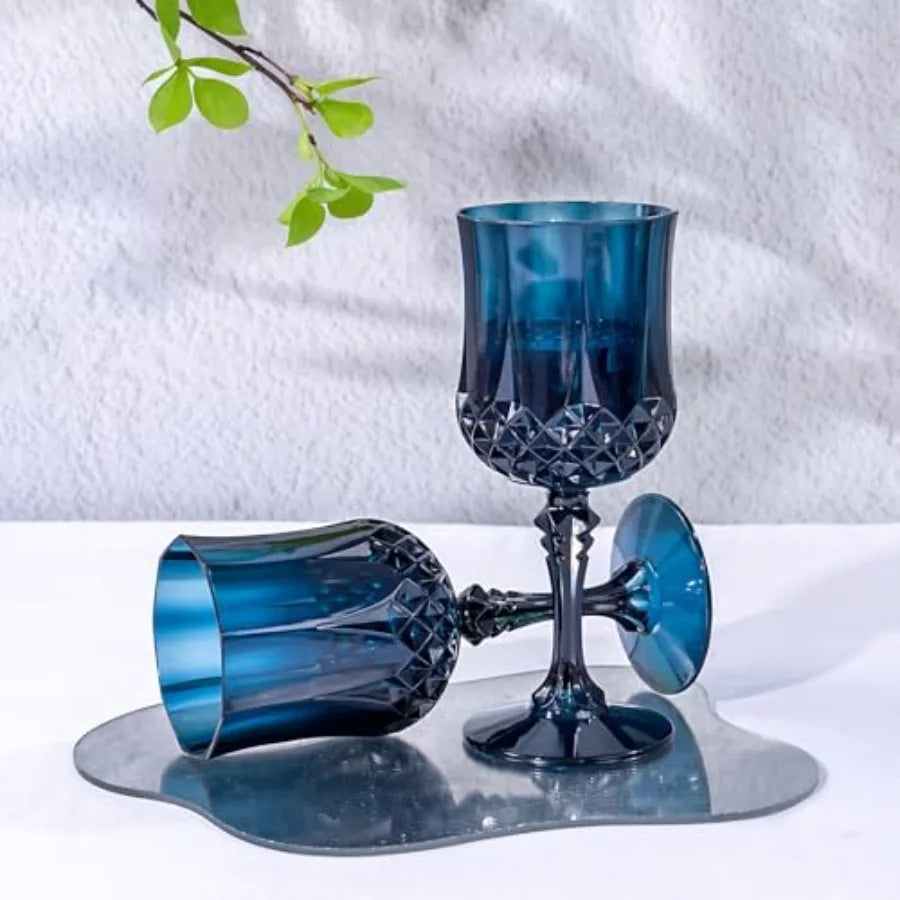 24PCS Blue Plastic Wine Glasses - 7 Oz Plastic Goblets for Party - Blue Vintage Drinking Glasses - Disposable Water Goblets Set