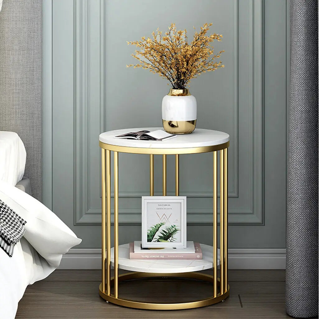 Wisfor 2-Tier Marble Side Table Round Nightstand Storage