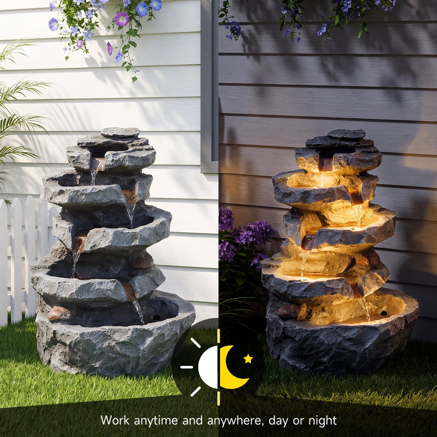 5-Tier Cascading Rock Outdoor Water Fountain With 4 LED Lights For Garden