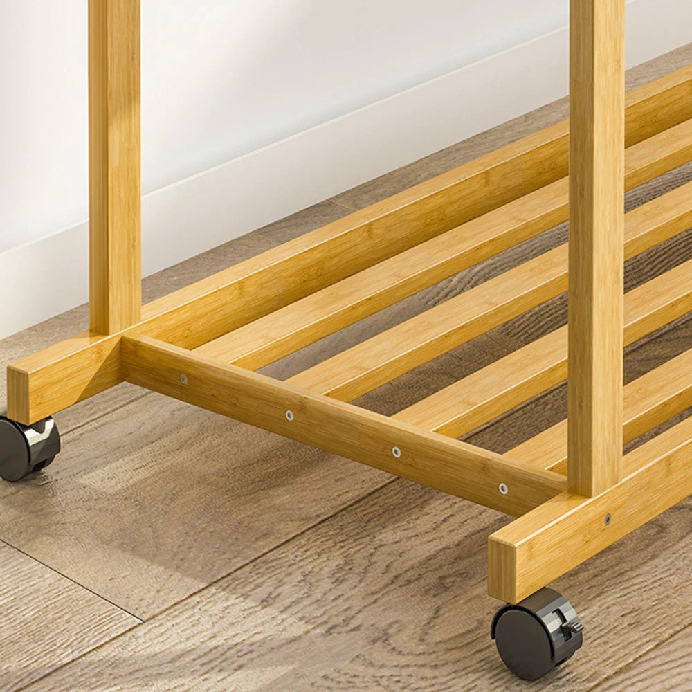 BINGOPAW Bamboo Clothes Rail Rack With Wheels And Storage Shelves