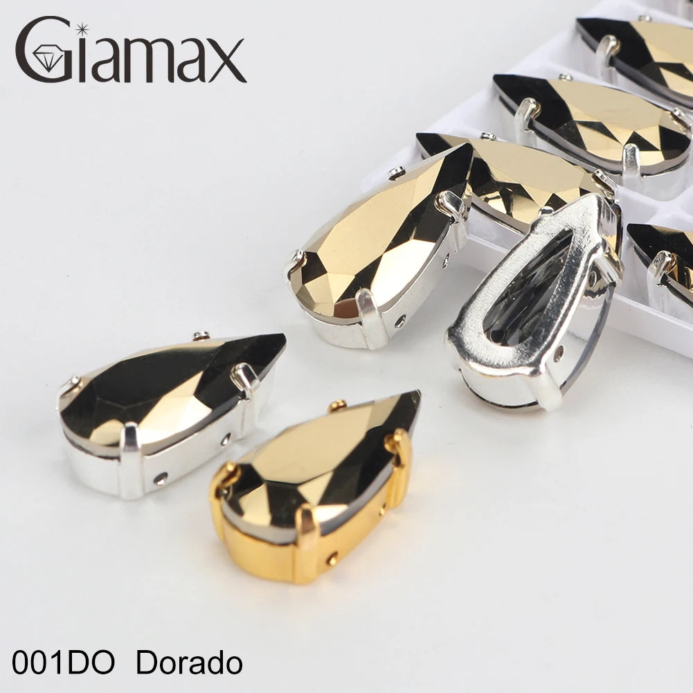 Giamax Tear Drop Glass Crystal Sewing Stone Sew on Rhinestones Gold Silver Claw Rhinestones For Garment Clothes Bags