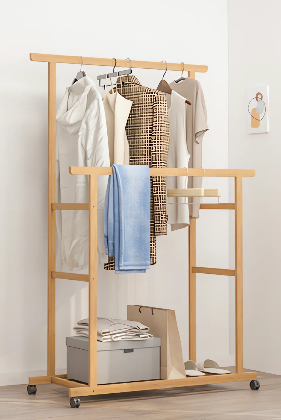 BINGOPAW Bamboo Clothes Rail Rack With Wheels And Storage Shelves