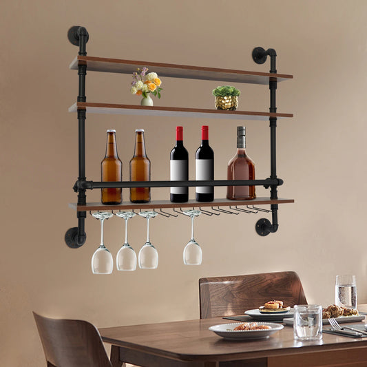 Wine Rack, Wall Mounted 3 Tier Industrial Style Wine Shelf 36 Inch 92cm, Wood and Metal for Wine Bottle Glass Storage