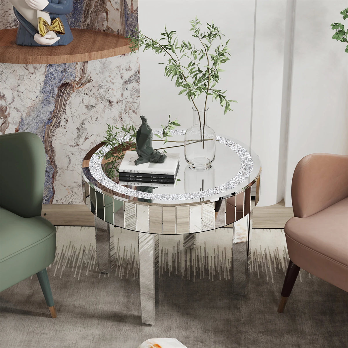 Round Mirrored Coffee Table With Crushed Crystal Design And Metal Frame