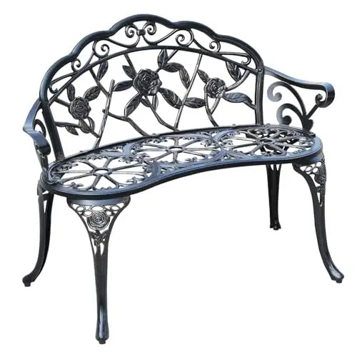 Elegant Cast Aluminum Outdoor Bench Featuring Intricate Rose Vine Design For Garden, Patio, Park And Lawn Use