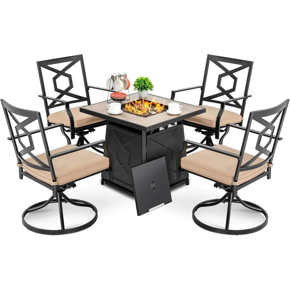 5-Piece Outdoor Patio Furniture Set with Fire Pit Table, 28 Propane Gas Fire Pit, Cover, 4 Swivel Dining Chairs with Cushions, B
