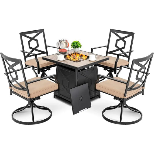 5-Piece Outdoor Patio Furniture Set with Fire Pit Table, 28 Propane Gas Fire Pit, Cover, 4 Swivel Dining Chairs with Cushions, B