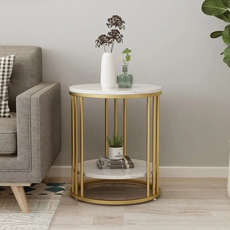 Wisfor 2-Tier Marble Side Table Round Nightstand Storage