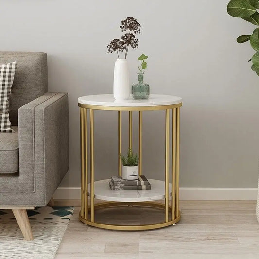 Wisfor 2-Tier Marble Side Table Round Nightstand Storage