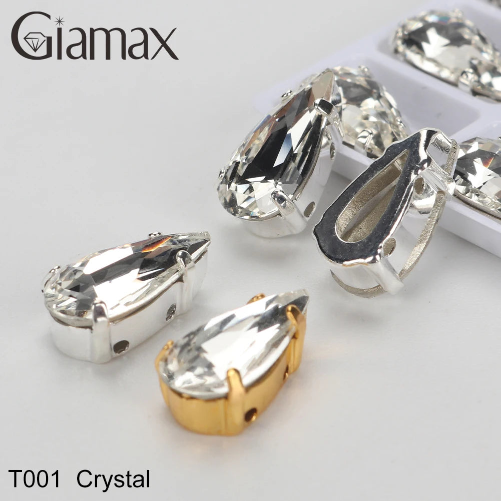 Giamax Tear Drop Glass Crystal Sewing Stone Sew on Rhinestones Gold Silver Claw Rhinestones For Garment Clothes Bags