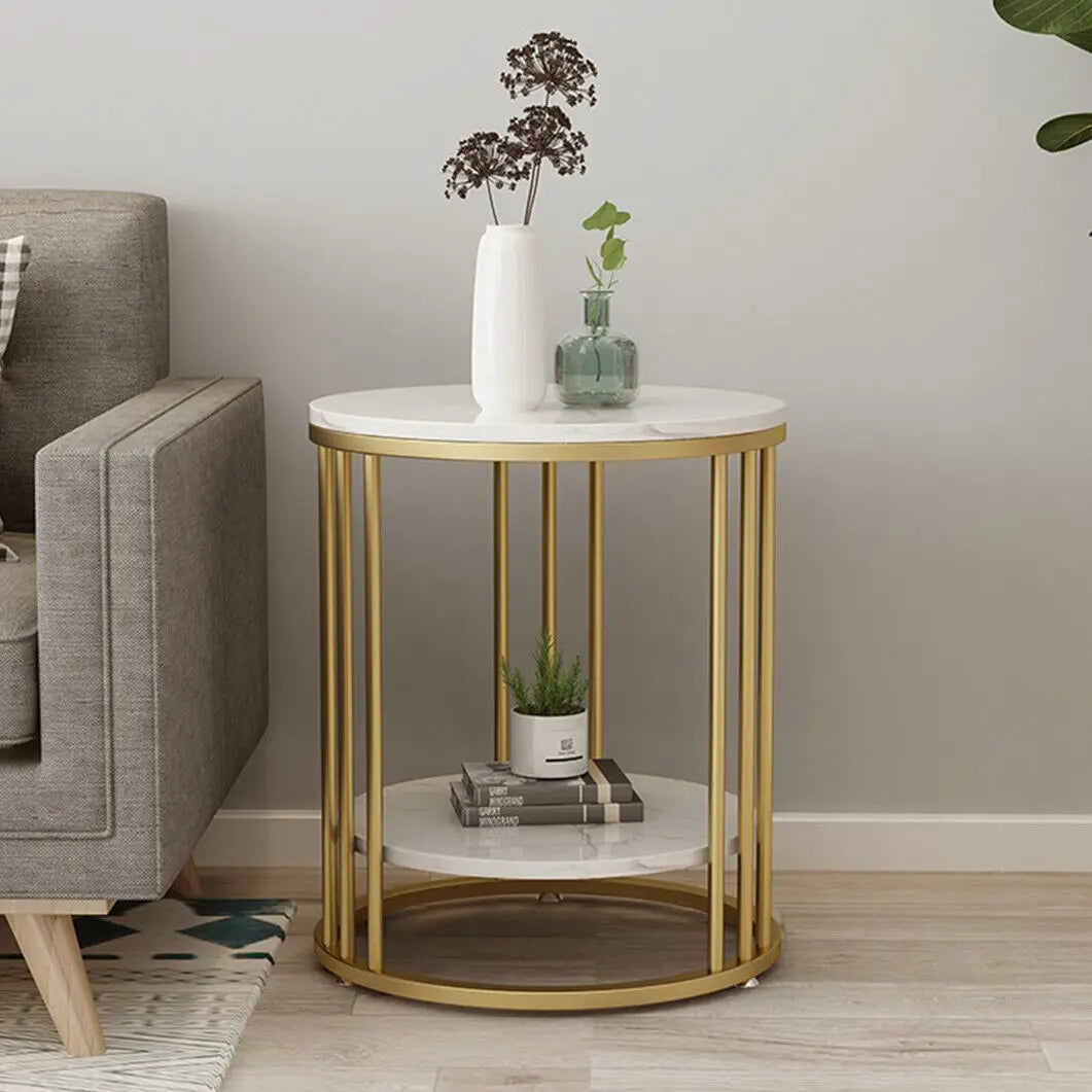 Wisfor 2-Tier Marble Side Table Round Nightstand Storage