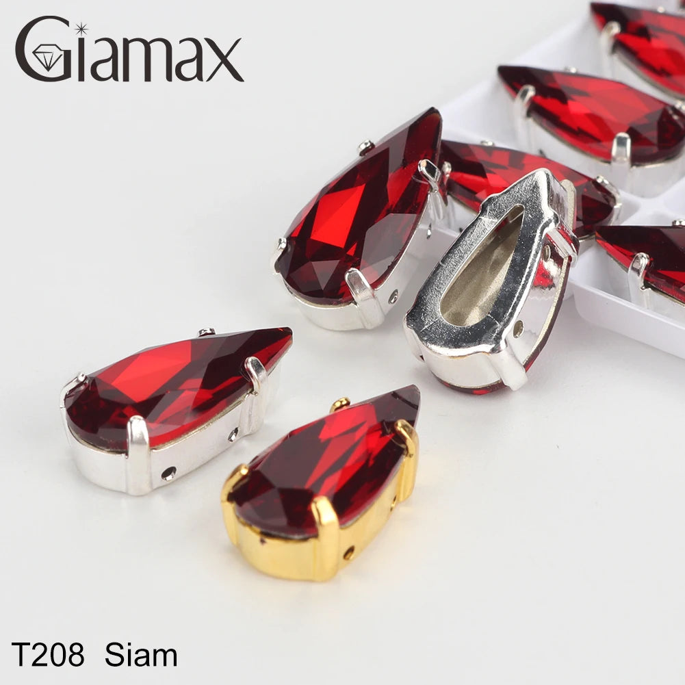 Giamax Tear Drop Glass Crystal Sewing Stone Sew on Rhinestones Gold Silver Claw Rhinestones For Garment Clothes Bags