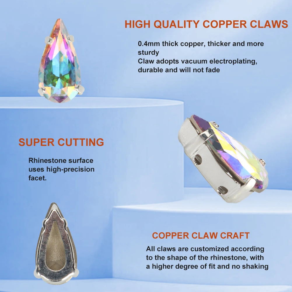 Giamax Tear Drop Glass Crystal Sewing Stone Sew on Rhinestones Gold Silver Claw Rhinestones For Garment Clothes Bags