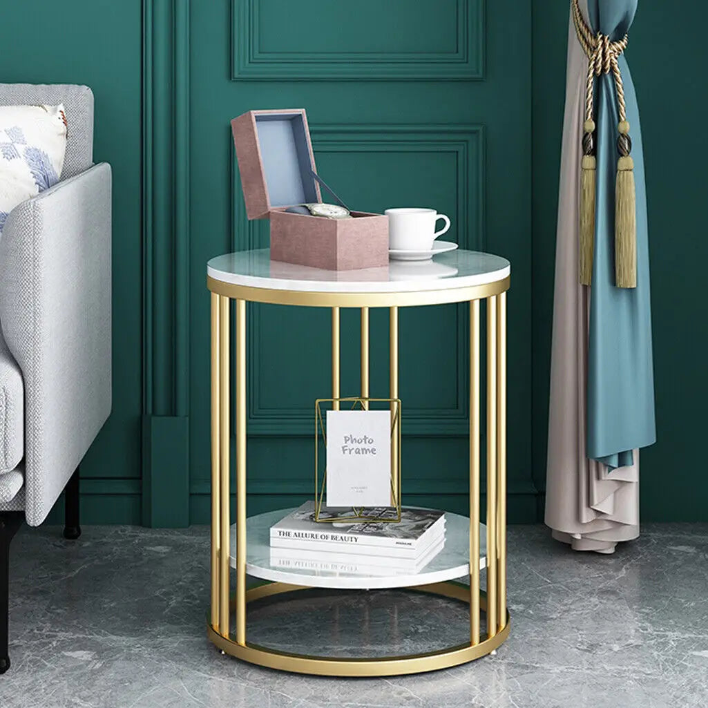 Wisfor 2-Tier Marble Side Table Round Nightstand Storage