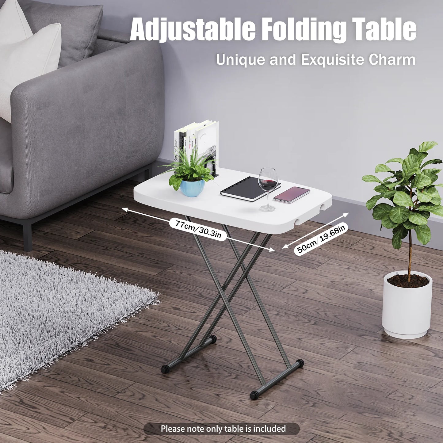 Adjustable Folding Table, 30x20 TV Tray Commercial Grade Laptop Desk Camp Picnic Table for Indoor Outdoor Use, White