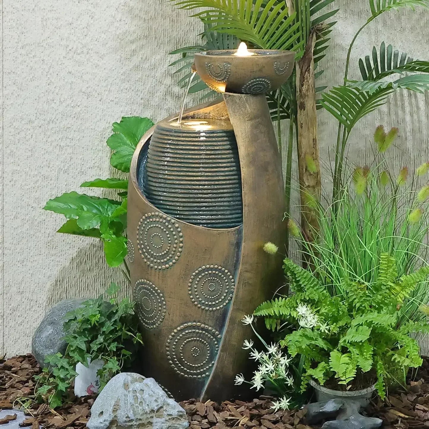 Outdoor Vase Waterfall Fountain With LED Lights And Durable Pump