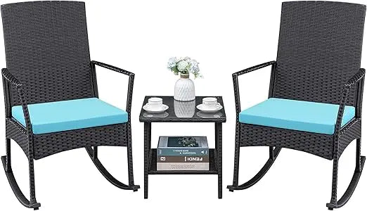 Patio Furniture Set Outdoor Wicker Rocking Chairs Glass Coffee Table