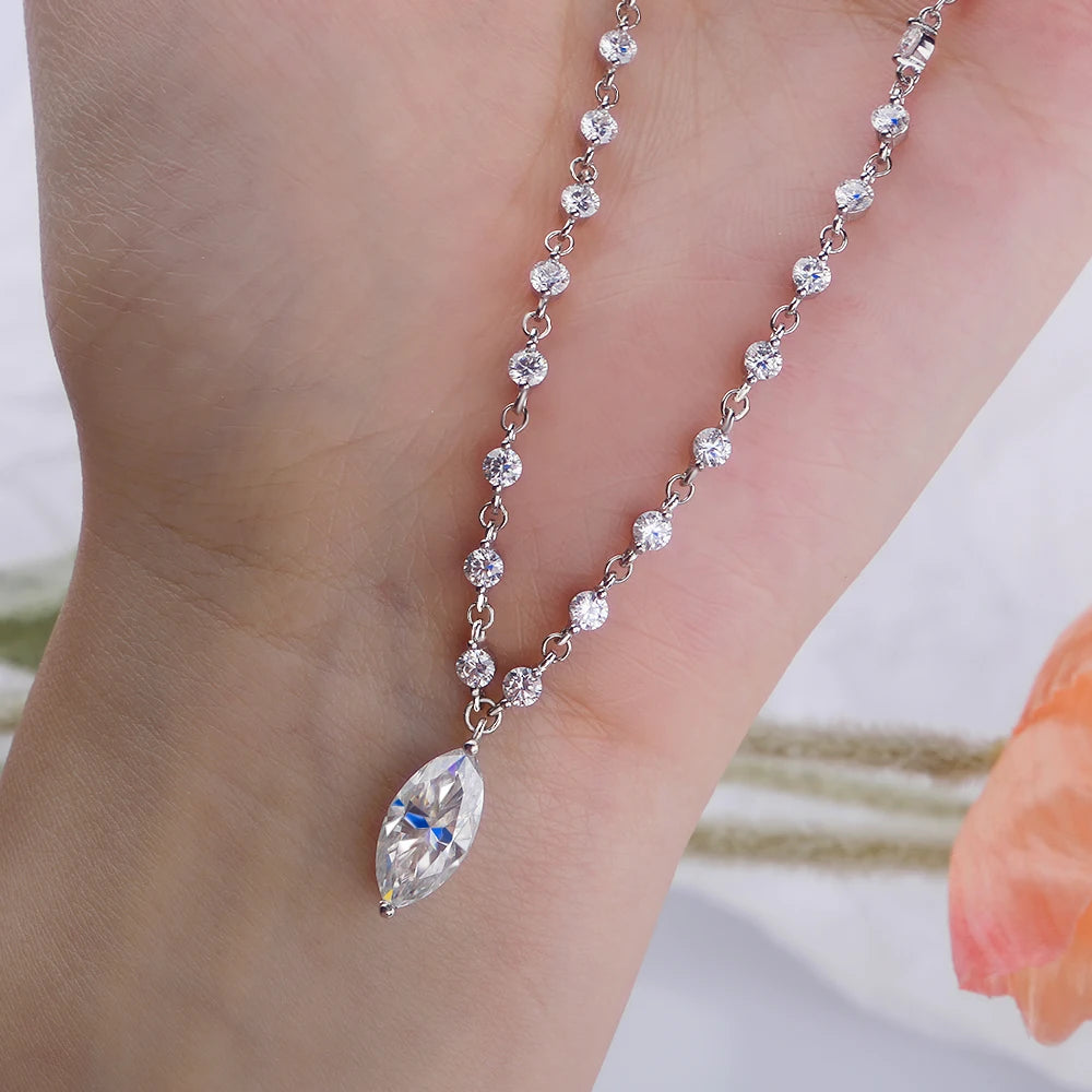 925 Sterling Silver Moissanite Tennis Necklace With Marquise Pendant
