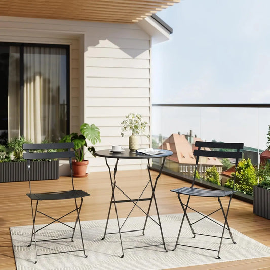 3Pcs Patio Bistro Set, Metal Frame Space-Saving Folding Bistro Table and Chairs Outdoor Furniture Set for Yard Garden Balcony