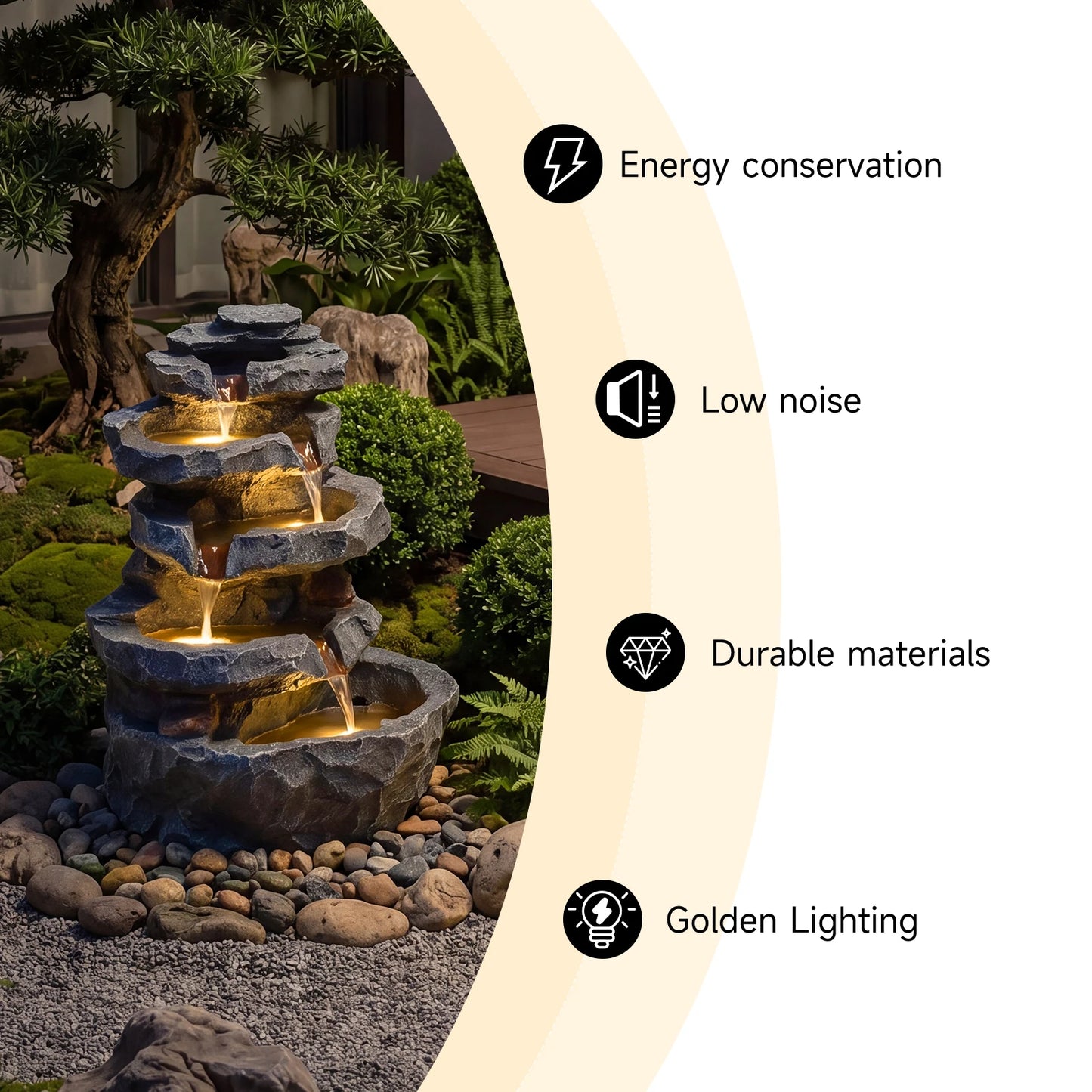 5-Tier Cascading Rock Outdoor Water Fountain With 4 LED Lights For Garden