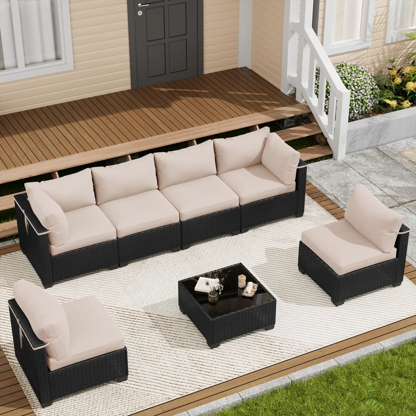 LOUVIXA 7 Piece Outdoor Patio Furniture Set, Outdoor Sectional Sofa, Wicker Rattan Patio Furniture, Patio Conversation Set