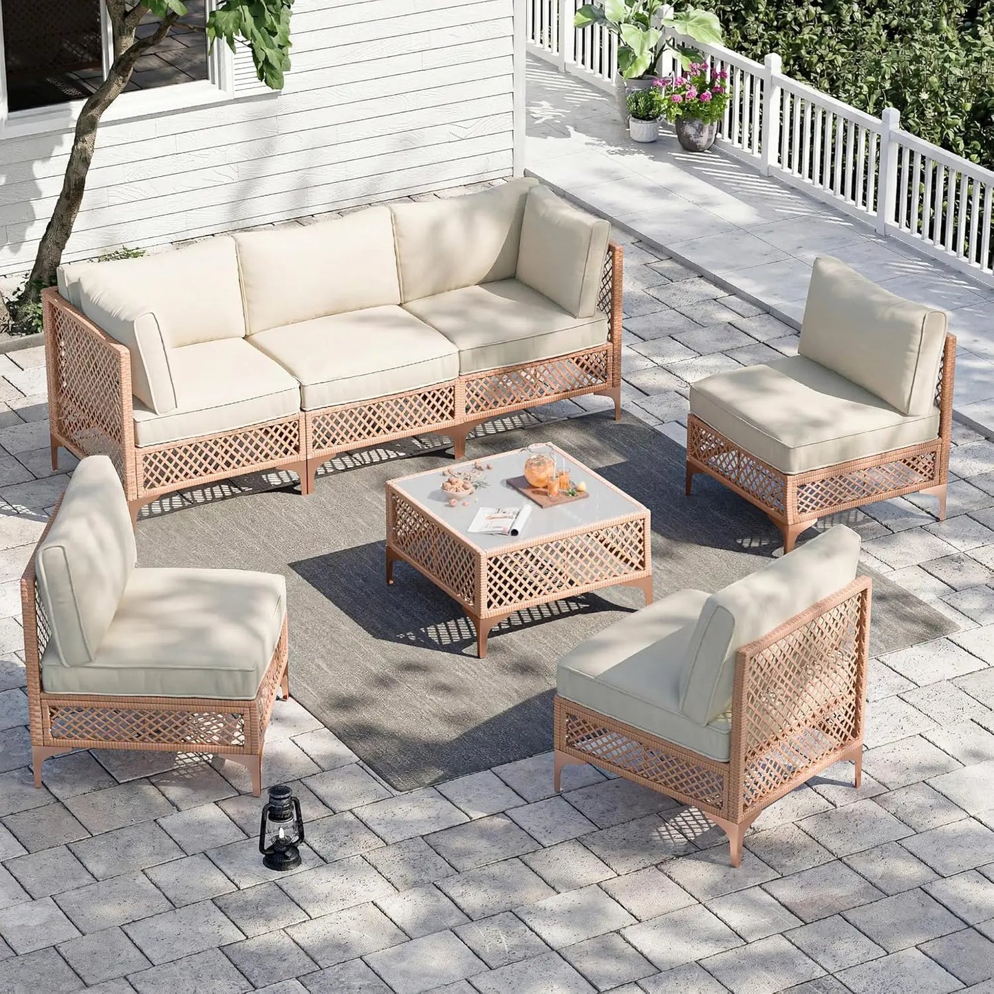 Patio Conversation Sets, 7 Piece Outdoor Furniture Set with Thick Cushions, Wicker Sectional Sofa Set with Coffee, Customized