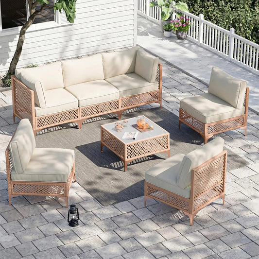 Patio Conversation Sets, 7 Piece Outdoor Furniture Set with Thick Cushions, Wicker Sectional Sofa Set with Coffee, Customized