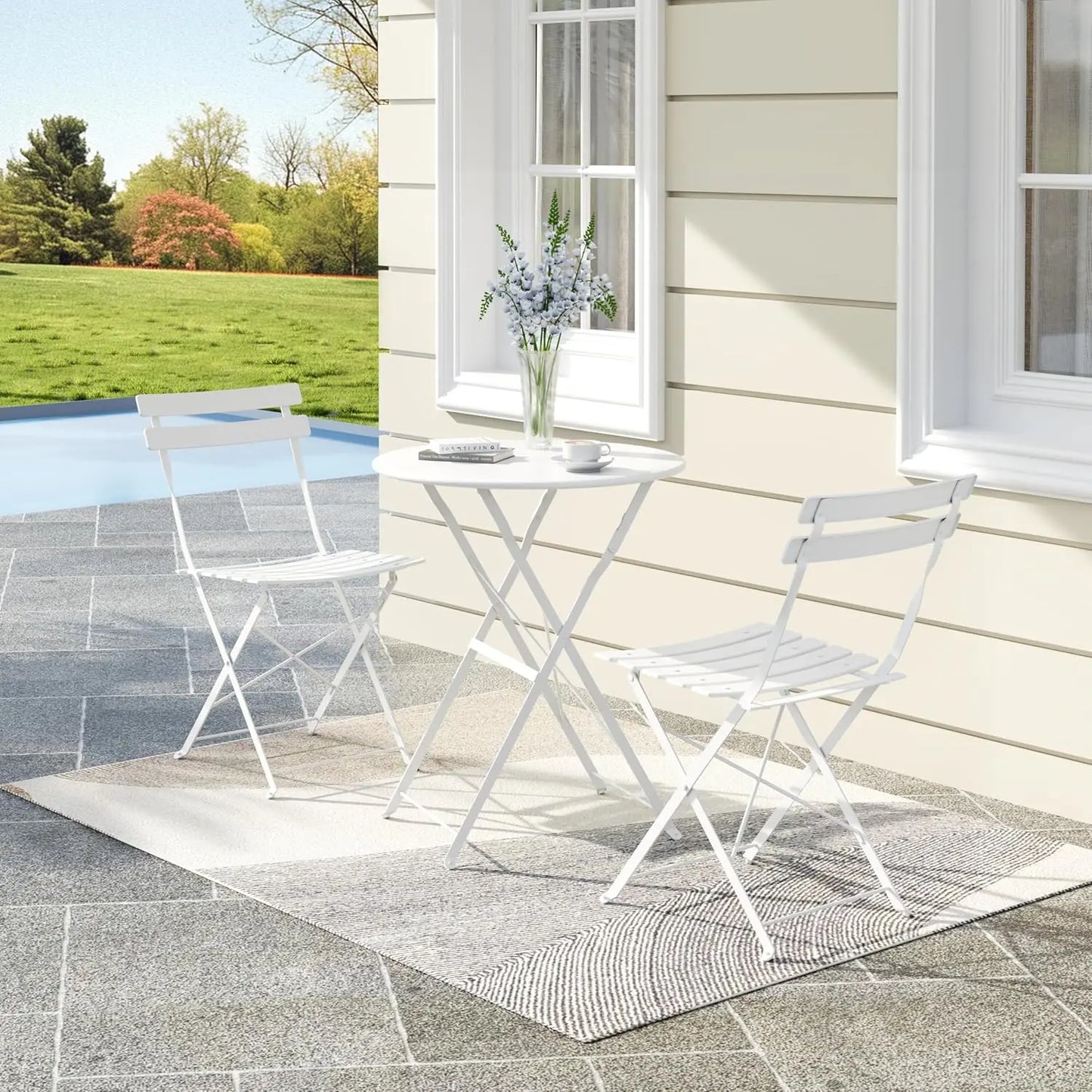 3Pcs Patio Bistro Set, Metal Frame Space-Saving Folding Bistro Table and Chairs Outdoor Furniture Set for Yard Garden Balcony