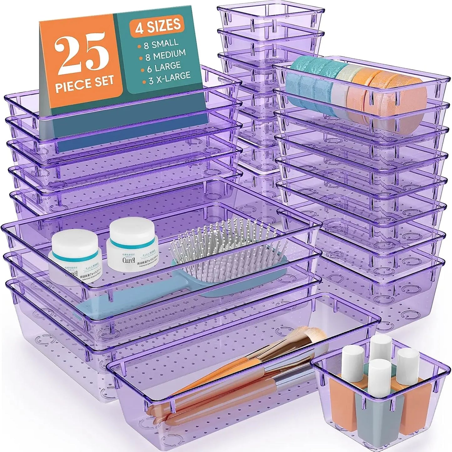 Clear Plastic Drawer Organizer Set 25 Compartments for Desk Storage