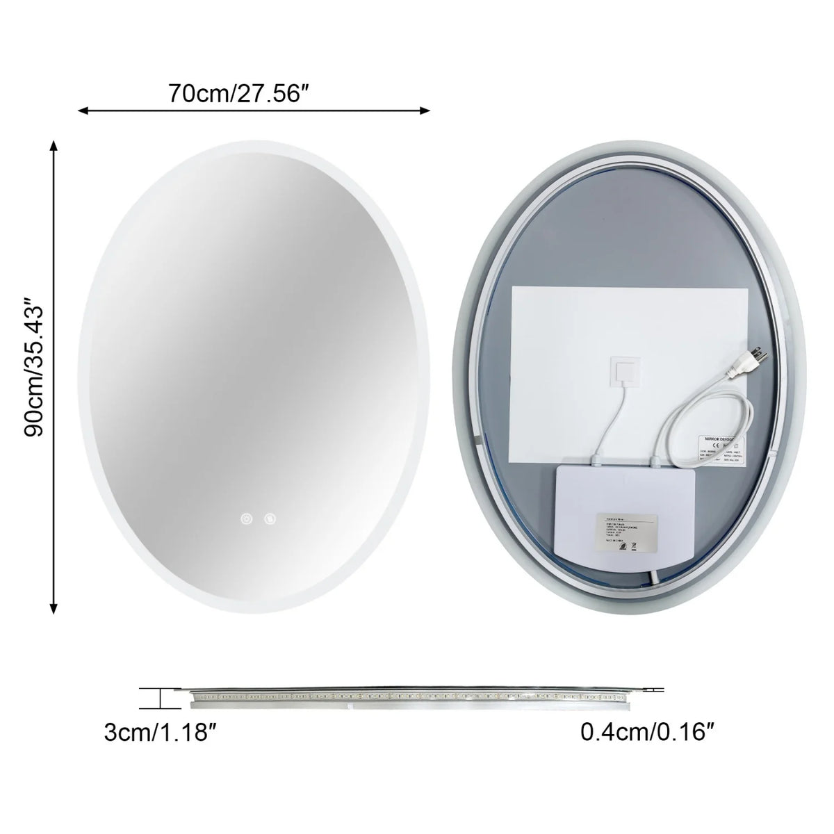 Oval LED Bathroom Mirror 70/80/90cm Tempered Glass Backlit Vanity Mirror Touch Anti-Fog Shatter-Proof Memory Dual Buttons for Shaving Making up