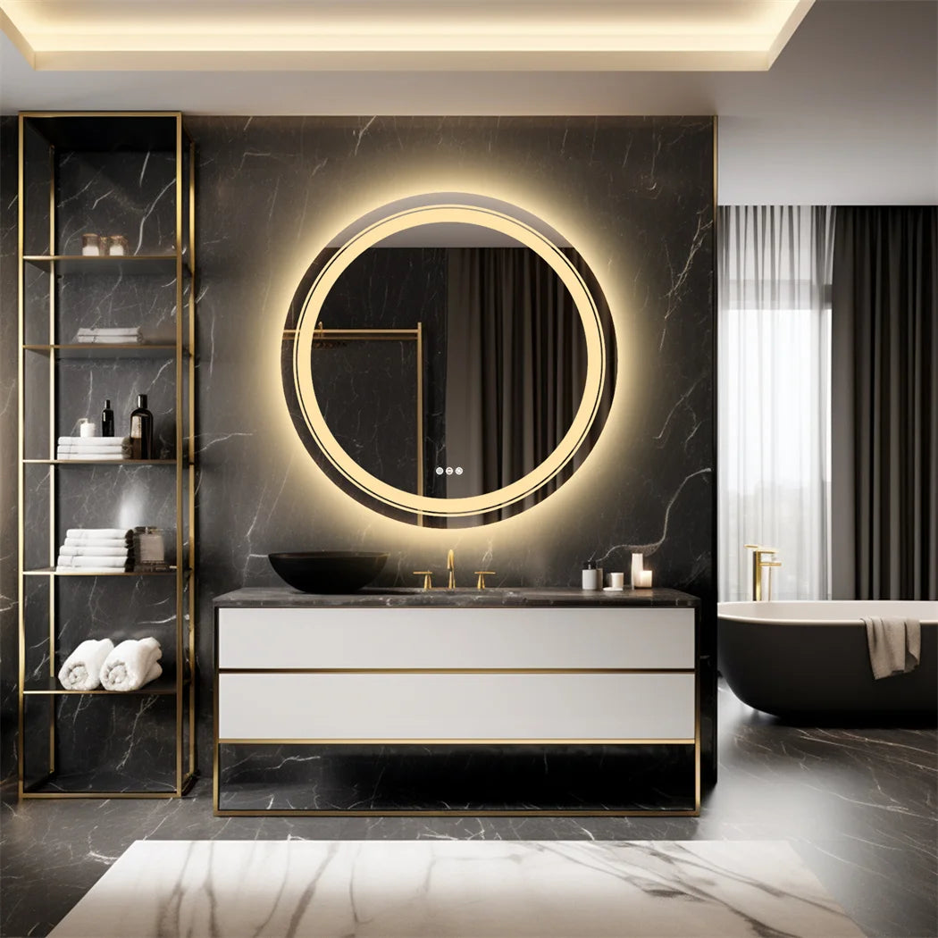 32 Inch Round LED Lighted Bathroom Mirror Wall Mounted Anti-Fog Vanity Mirror with Touch Sensor Backlit for Home