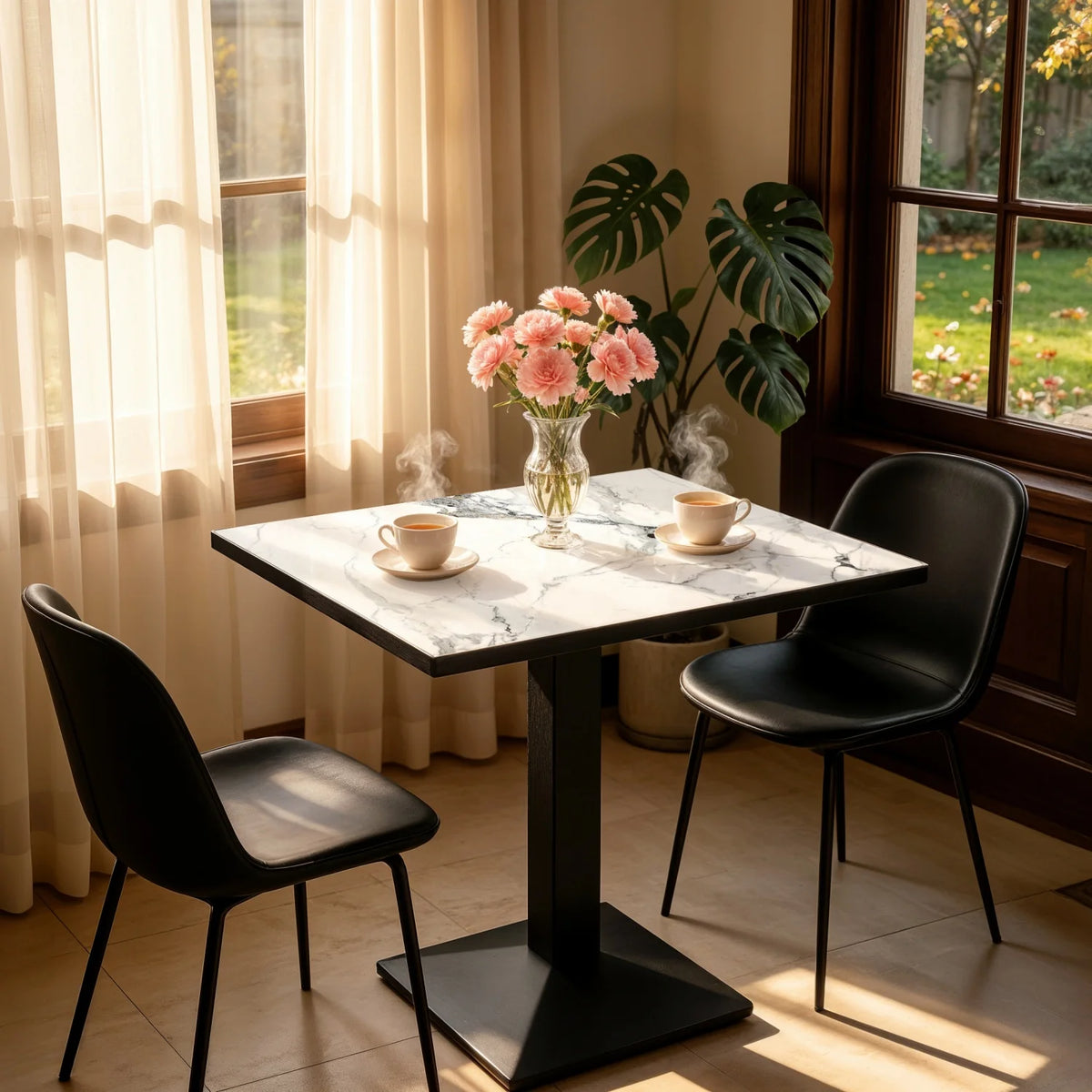 Modern Sintered Stone Rectangular Dining Table With Iron Pedestal Base And Metal Frame