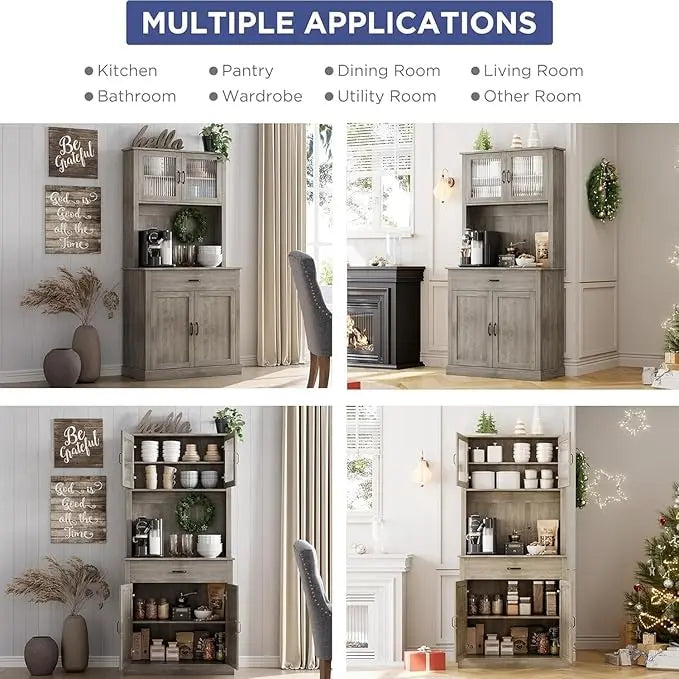 HiMISS Kitchen Pantry Cabinet Hutch With Microwave Stand