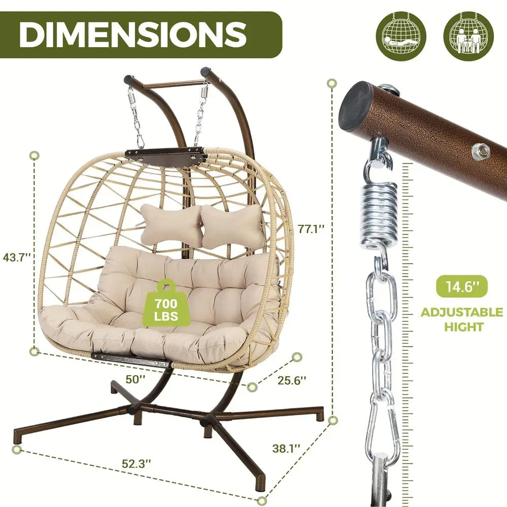 All-Weather Double Hanging Egg Chair With Stand For Outdoor Use