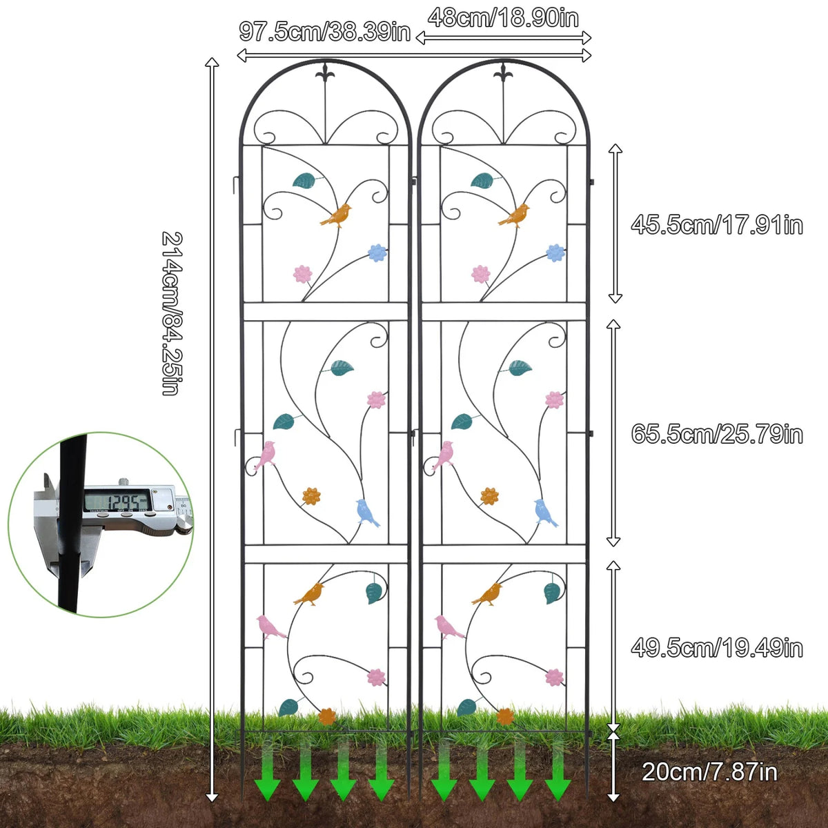 214CM Tall Metal Garden Trellis Rustic Iron Arch Decoration Support Trellis Fence Birds Flowers for Climbing Plants Roses Vine