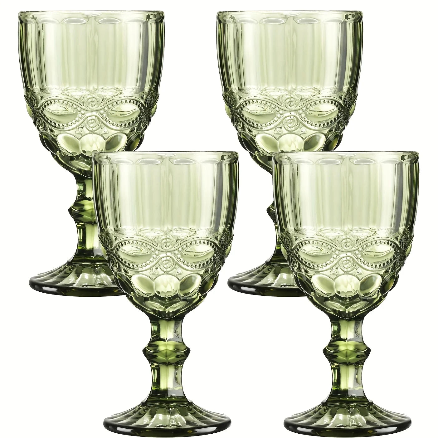 A Set of 8/4 Green Vintage Wine Glasses, 10oz Vintage Goblets, Clear Stemware, Goblets with Embossed Patterns, Stained Glassware, for Wedding Banquets, Feasts, Juice, New Year, Valentine's Day Gift Parties