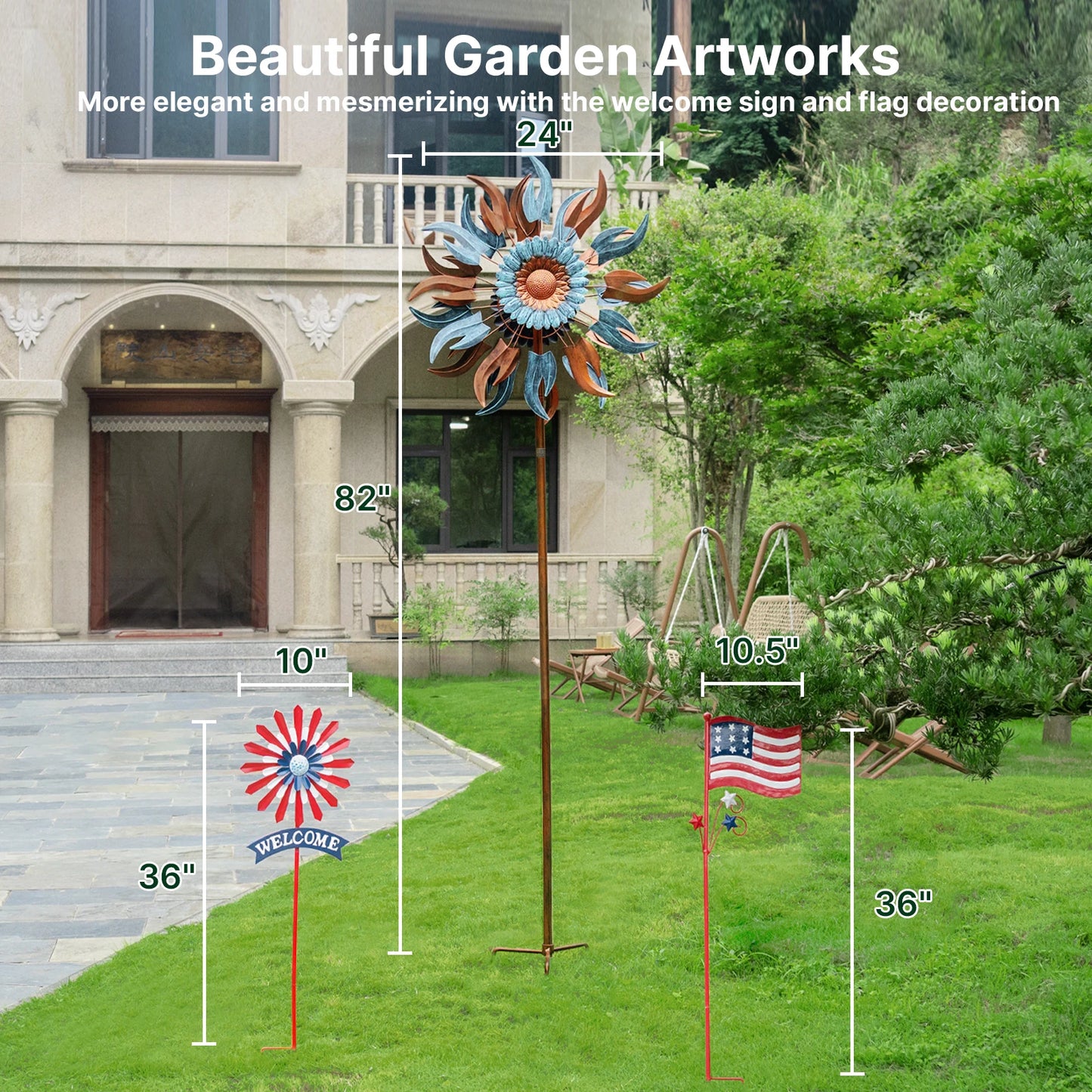 Wind Spinners Outdoor Metal Kinetic Garden Sculpture With Welcome Flags