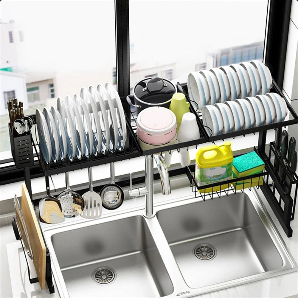 Stainless Steel Over The Sink Dish Rack With Utensil Holder