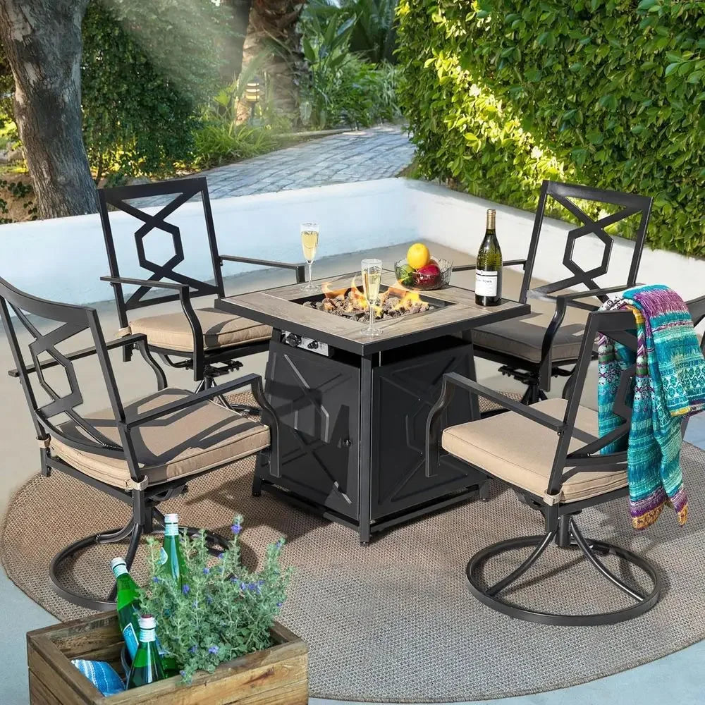 5-Piece Outdoor Patio Furniture Set with Fire Pit Table, 28 Propane Gas Fire Pit, Cover, 4 Swivel Dining Chairs with Cushions, B