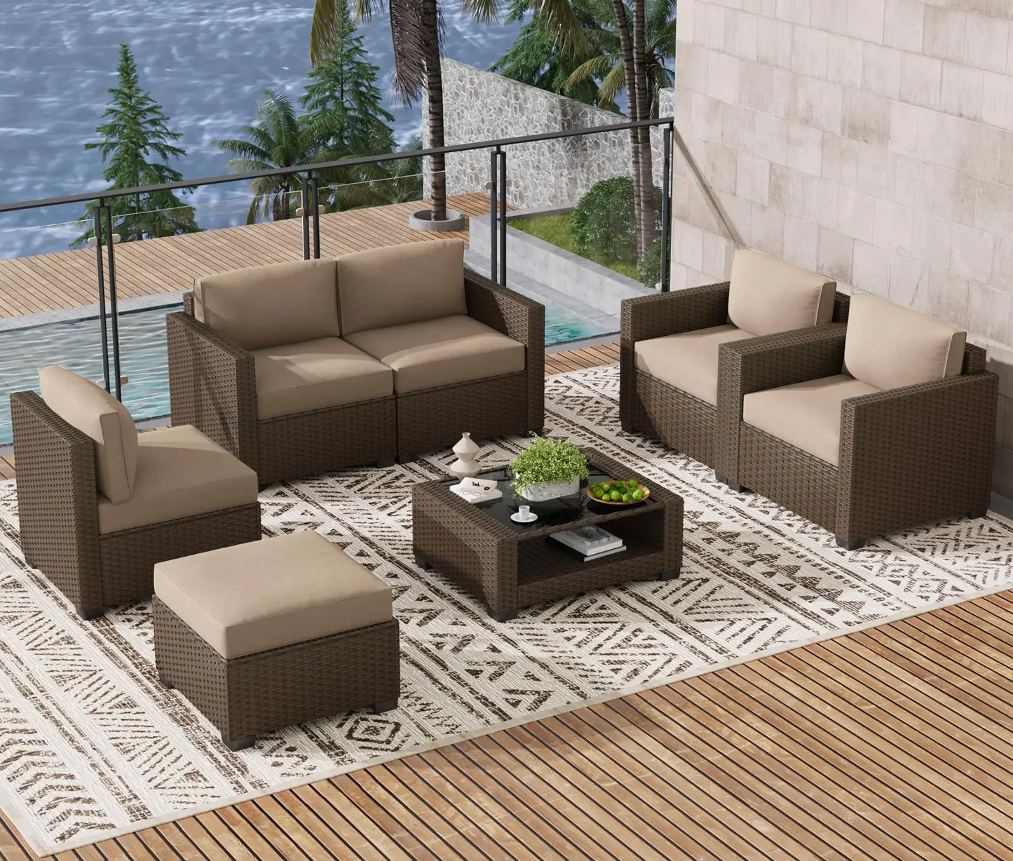 LOUVIXA 7 Piece Outdoor Patio Furniture Set, Outdoor Sectional Sofa, Wicker Rattan Patio Furniture, Patio Conversation Set