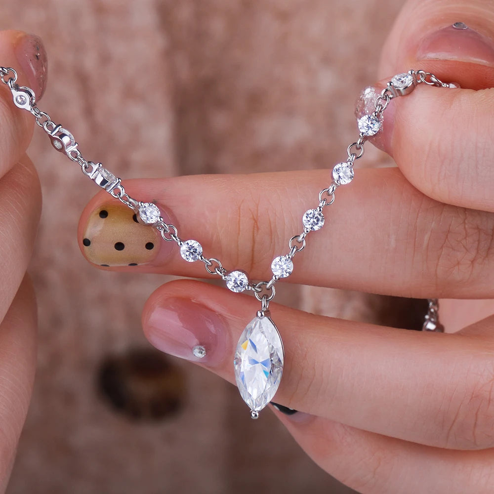 925 Sterling Silver Moissanite Tennis Necklace With Marquise Pendant