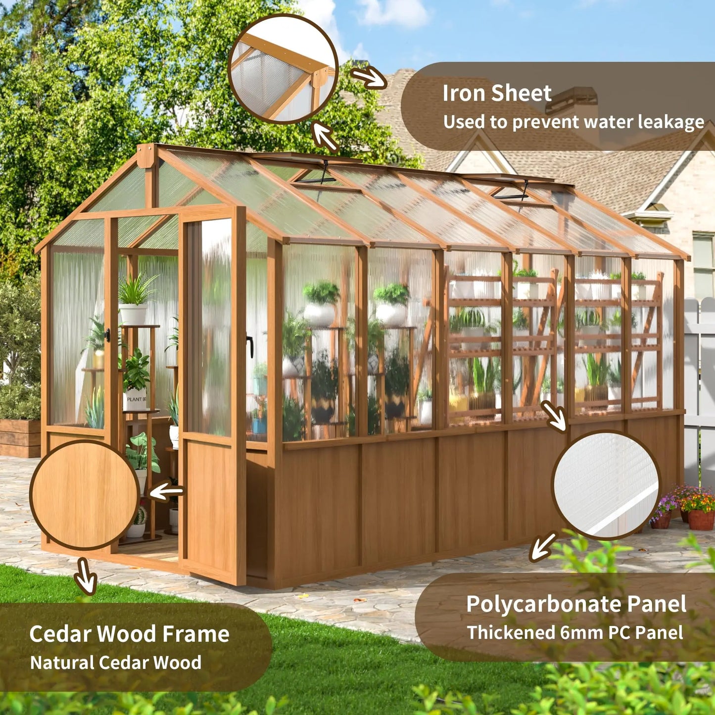 VIWAT Wooden Backyard Greenhouse With UV Protection And Vent Roof