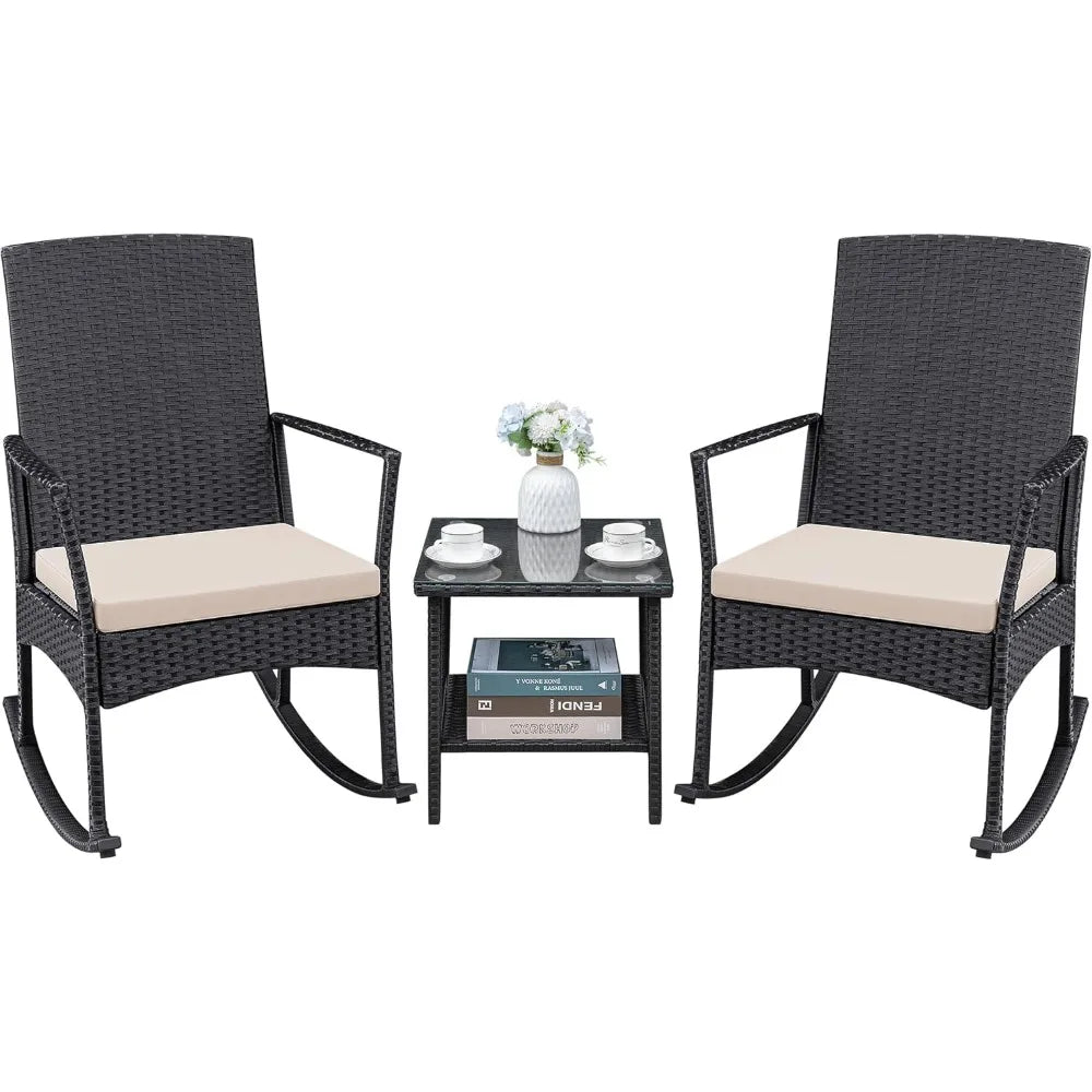 Patio Furniture Set Outdoor Wicker Rocking Chairs Glass Coffee Table