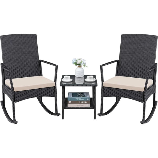 Patio Furniture Set Outdoor Wicker Rocking Chairs Glass Coffee Table