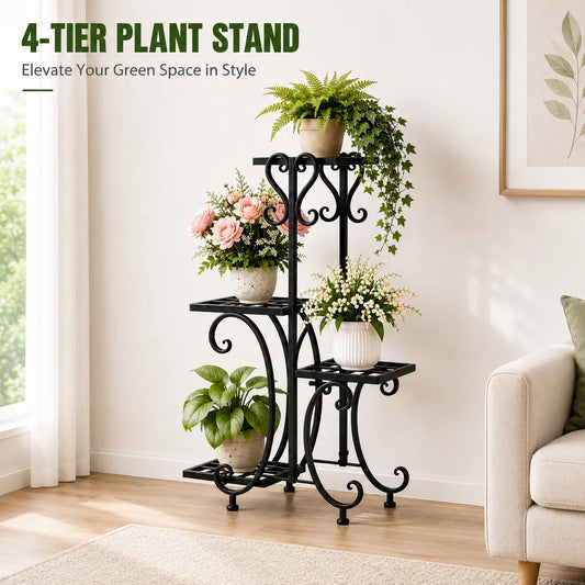4 Tier Corner Plant Stand Metal Flower Pot Shelf Indoor Outdoor Plant Rack Space Saving Vertical Plant Shelf for Living Room Balcony Patio Garden