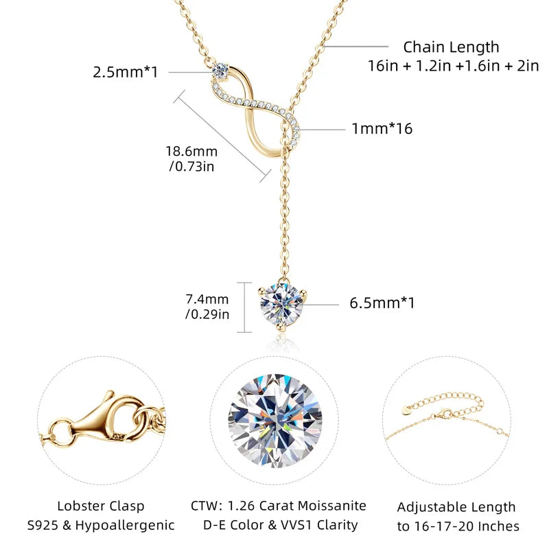 Sterling Silver Infinity Necklace 925 Moissanite Y Shape Pendant