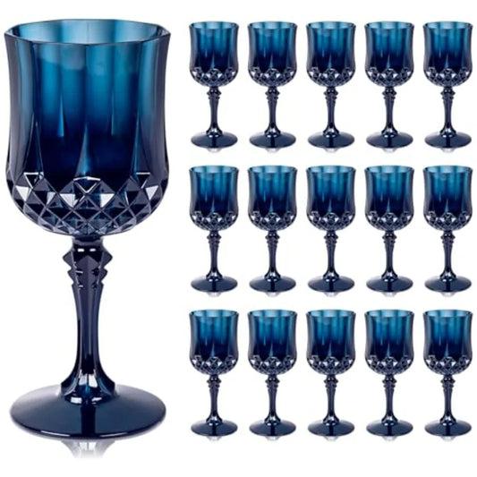 24PCS Blue Plastic Wine Glasses - 7 Oz Plastic Goblets for Party - Blue Vintage Drinking Glasses - Disposable Water Goblets Set