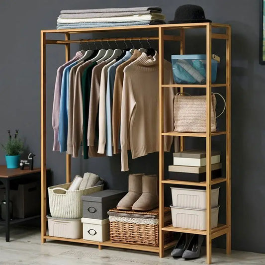 Bingopaw Bamboo Garment Rack With Shelves For Clothes Shoes