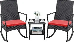 Patio Furniture Set Outdoor Wicker Rocking Chairs Glass Coffee Table
