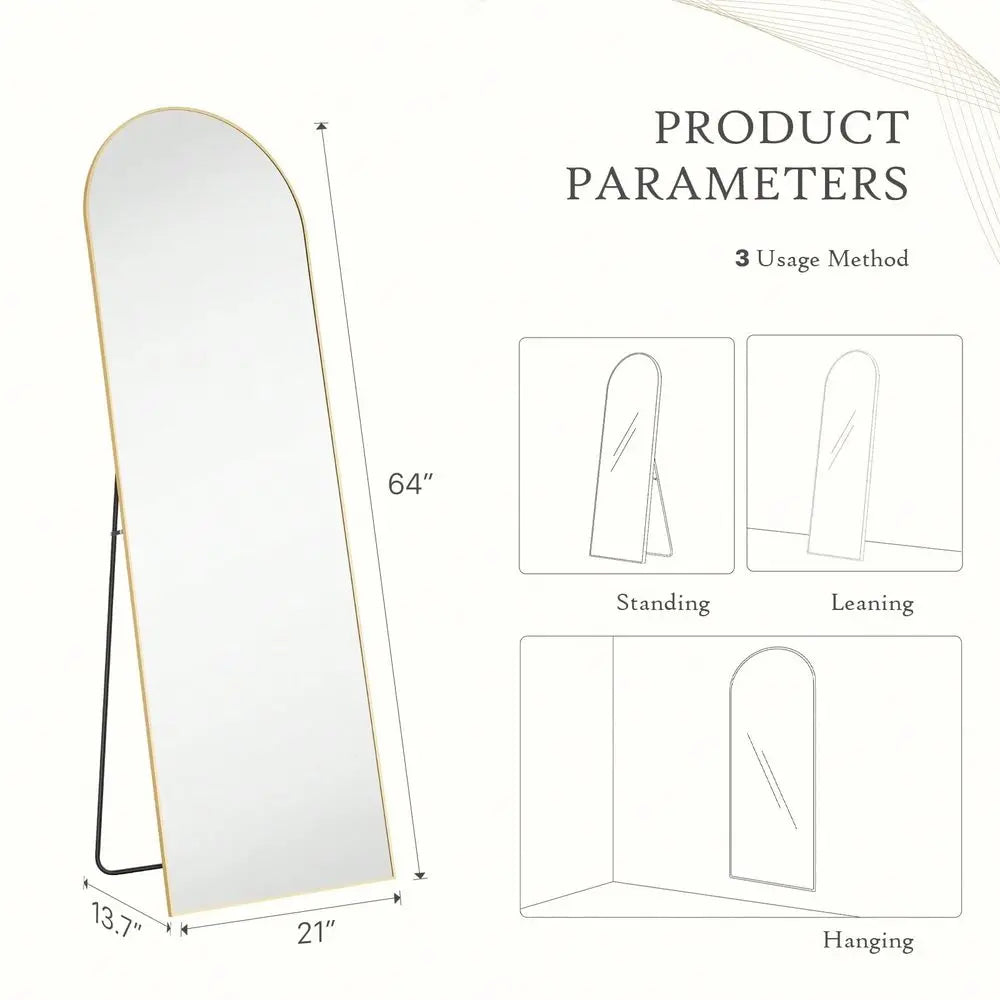 Full Length Floor Mirror With Stand Aluminum Frame Arched Design